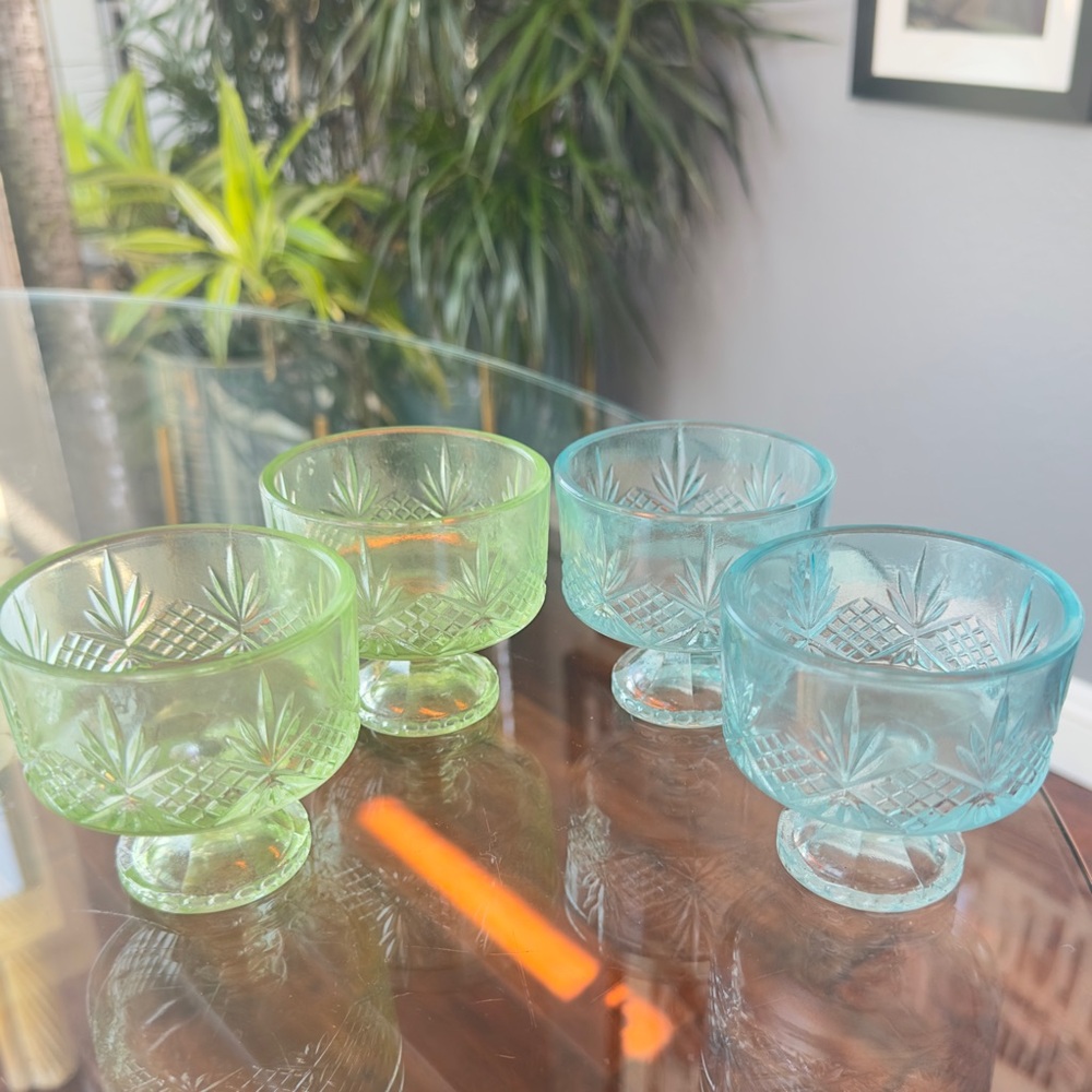 Set of Four Godinger Dublin Cut Glass Footed Sherbets - Pastel Green & Blue